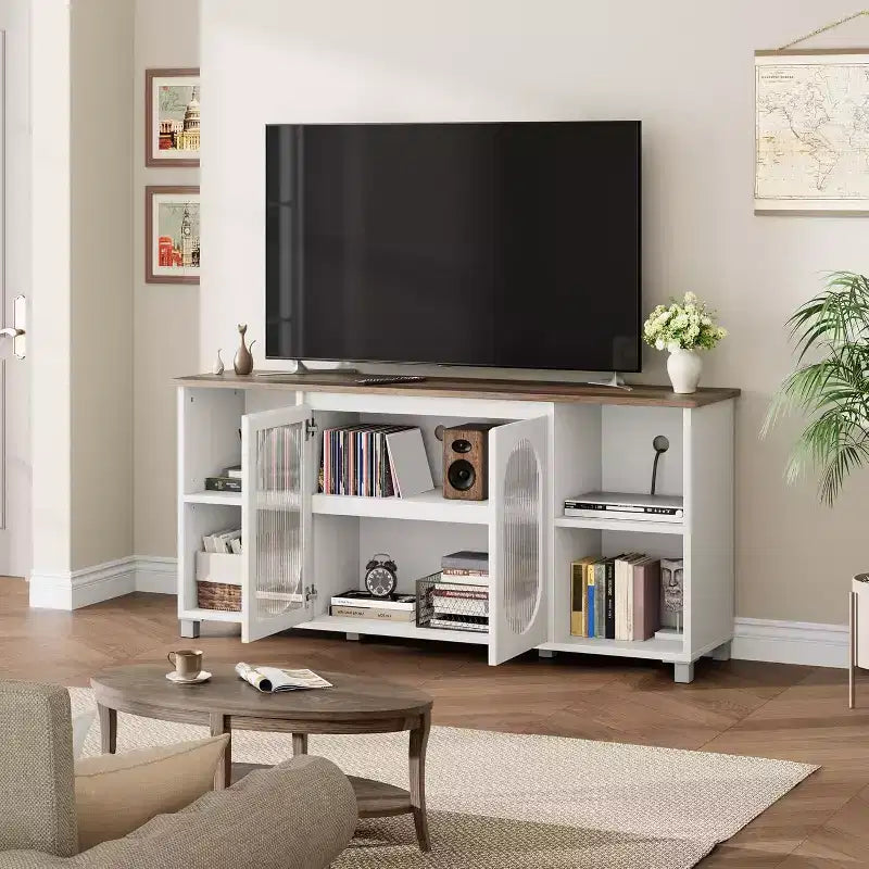 Mobile TV Bianco e Marrone Scuro con Ante in Vetro Godronato e Ripiani a Giorno, Adatto per TV fino a 70", Montaggio in 2 Persone