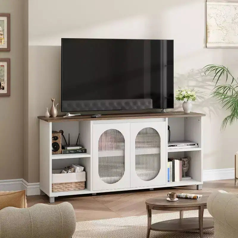 Mobile TV Bianco e Marrone Scuro con Ante in Vetro Godronato e Ripiani a Giorno, Adatto per TV fino a 70", Montaggio in 2 Persone