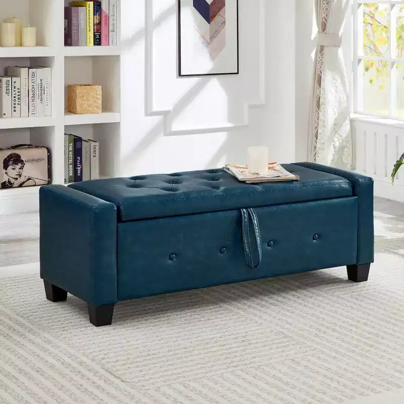 Panca contenitore ribaltabile in similpelle da 48", nera/blu/marrone/verde/bianca, 1 posto