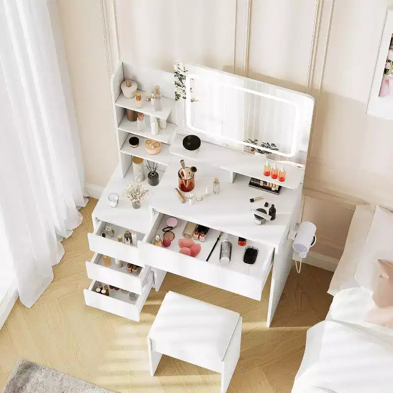 Toeletta da 91 cm con specchio LED, nero/bianco, 4 cassetti e porte USB, per 1 persona