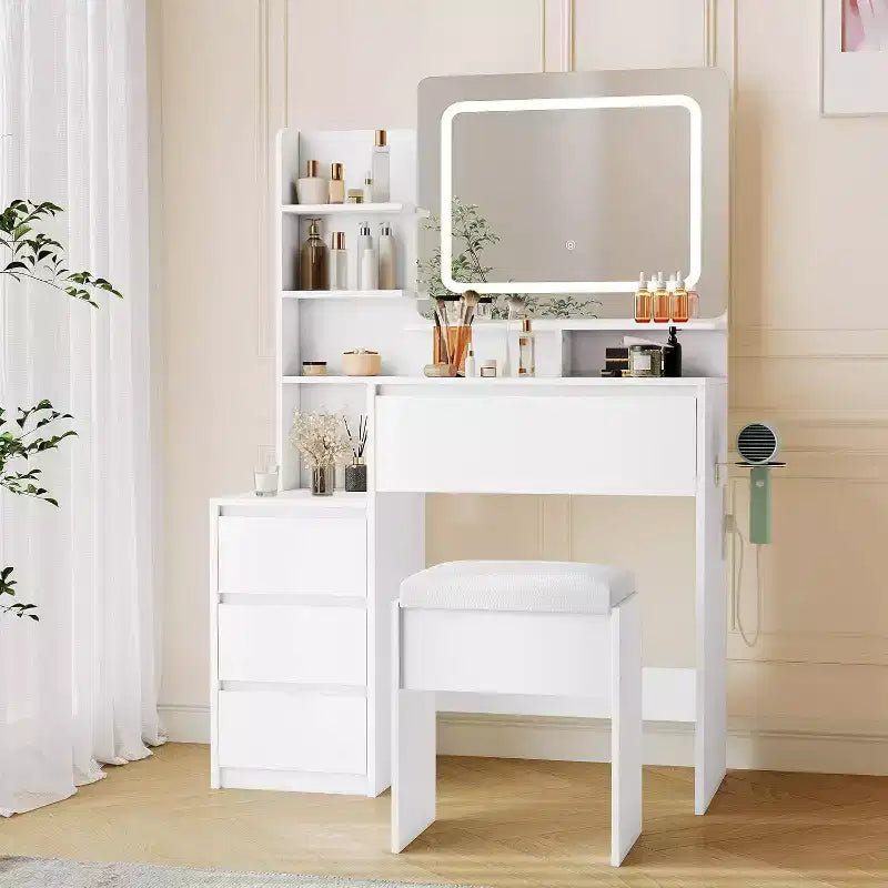 Toeletta da 91 cm con specchio LED, nero/bianco, 4 cassetti e porte USB, per 1 persona