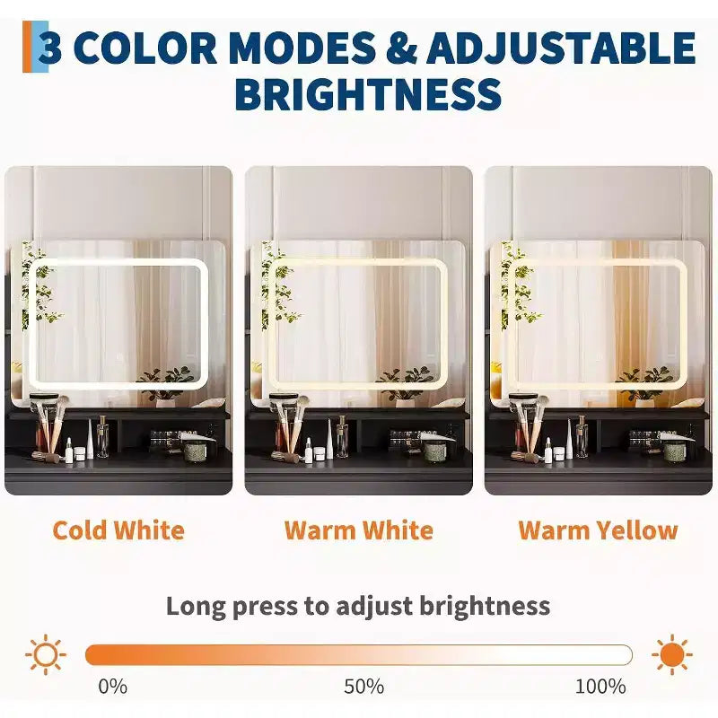 Toeletta da 91 cm con specchio LED, nero/bianco, 4 cassetti e porte USB, per 1 persona