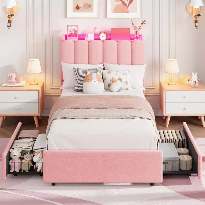 Struttura Letto con Piattaforma Imbottita Rosa Scuro / Rosa / Bianca con Testiera a LED e Contenitore, 1 Persona