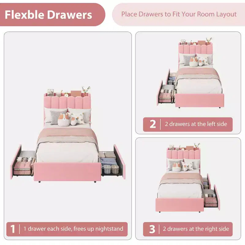 Struttura Letto con Piattaforma Imbottita Rosa Scuro / Rosa / Bianca con Testiera a LED e Contenitore, 1 Persona