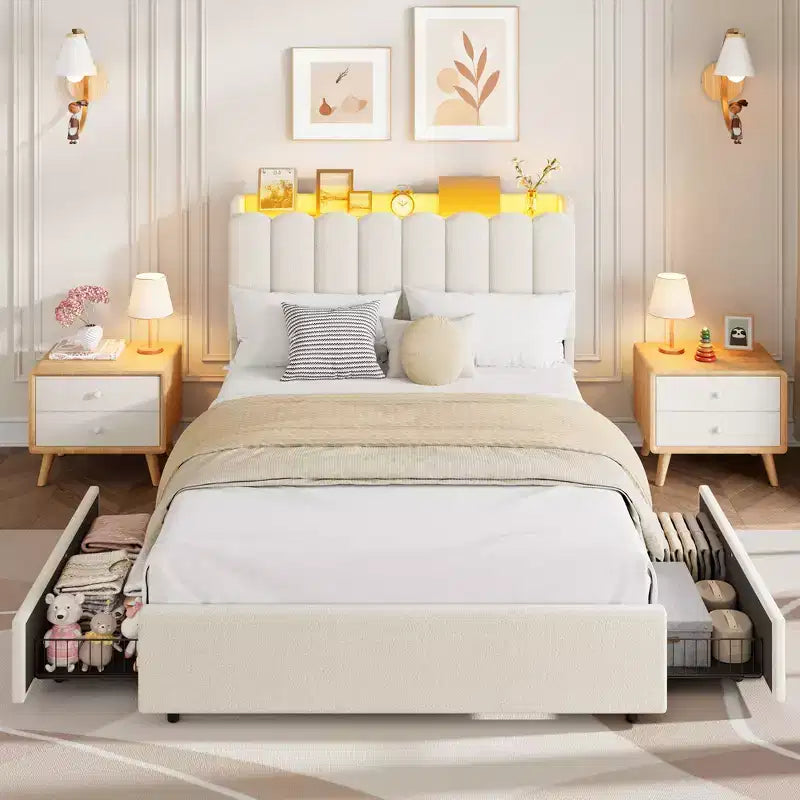 Struttura Letto con Piattaforma Imbottita Rosa Scuro / Rosa / Bianca con Testiera a LED e Contenitore, 1 Persona