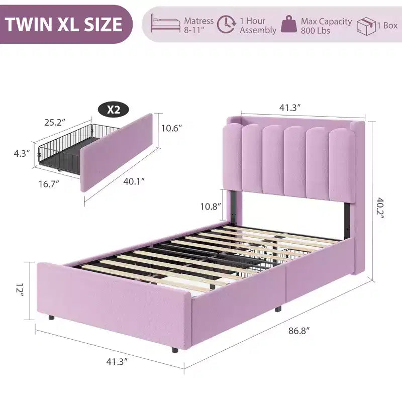 Struttura Letto con Piattaforma Imbottita Rosa Scuro / Rosa / Bianca con Testiera a LED e Contenitore, 1 Persona
