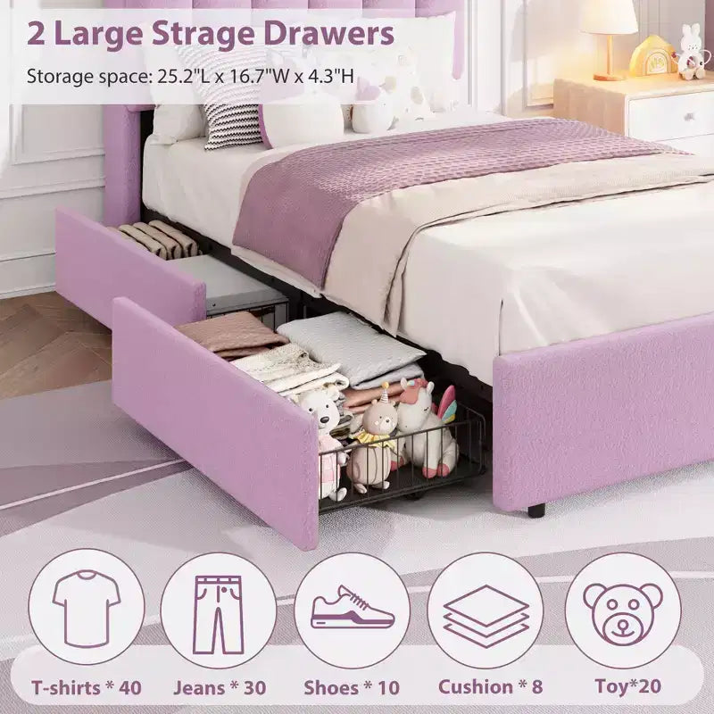 Struttura Letto con Piattaforma Imbottita Rosa Scuro / Rosa / Bianca con Testiera a LED e Contenitore, 1 Persona