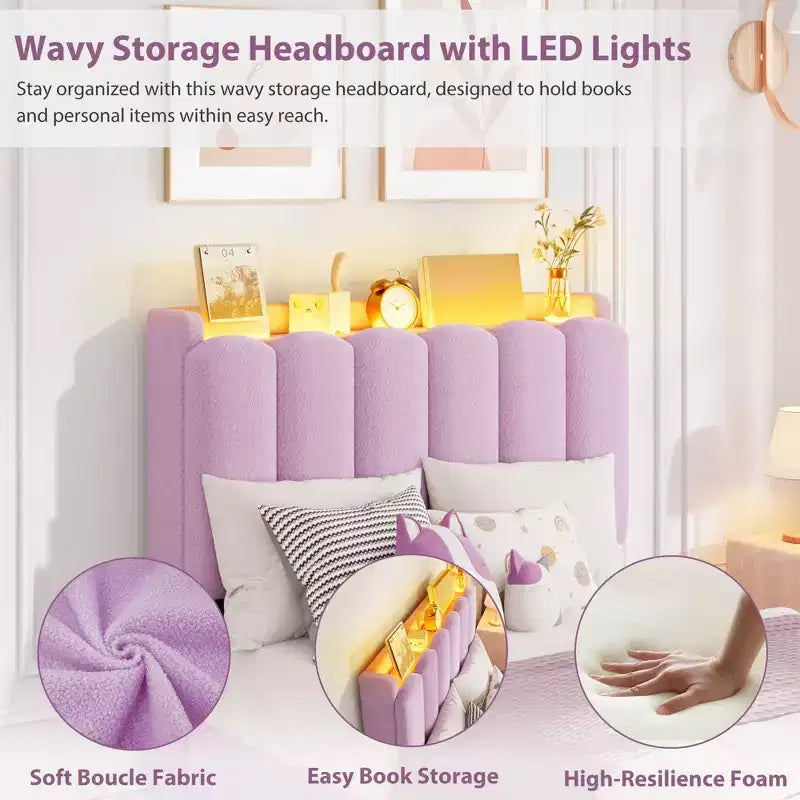 Struttura Letto con Piattaforma Imbottita Rosa Scuro / Rosa / Bianca con Testiera a LED e Contenitore, 1 Persona