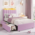 Struttura Letto con Piattaforma Imbottita Rosa Scuro / Rosa / Bianca con Testiera a LED e Contenitore, 1 Persona