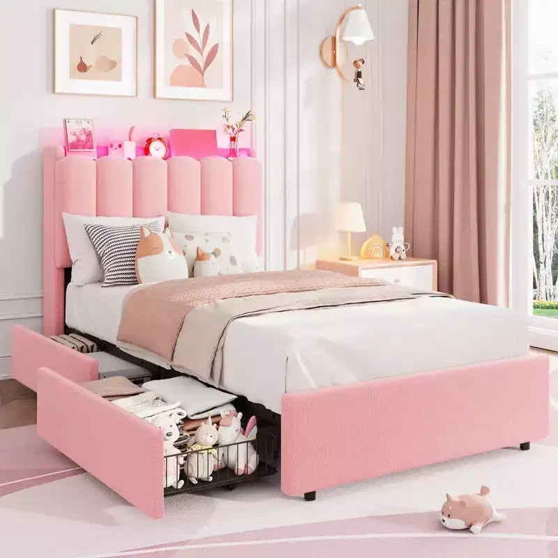 Struttura Letto con Piattaforma Imbottita Rosa Scuro / Rosa / Bianca con Testiera a LED e Contenitore, 1 Persona