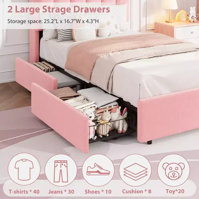 Struttura Letto con Piattaforma Imbottita Rosa Scuro / Rosa / Bianca con Testiera a LED e Contenitore, 1 Persona