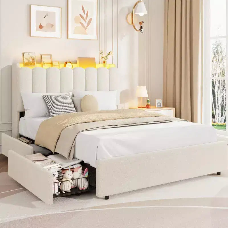Struttura Letto con Piattaforma Imbottita Rosa Scuro / Rosa / Bianca con Testiera a LED e Contenitore, 1 Persona