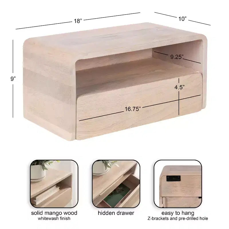 Tavolino galleggiante Kato bianco 18x10x9 - Legno massello di mango con cassetto, a parete
