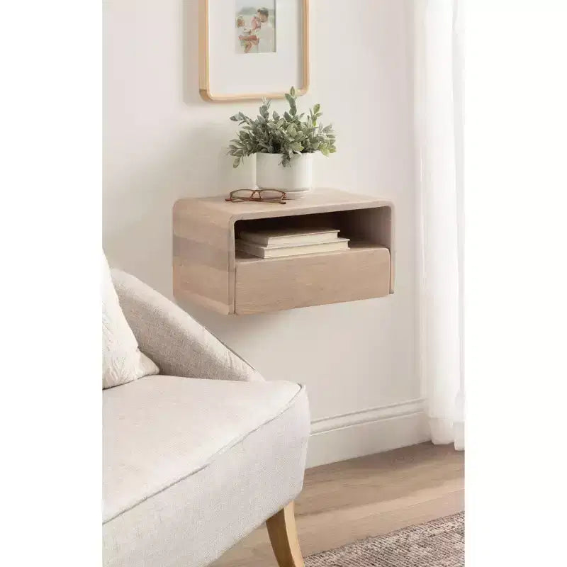 Tavolino galleggiante Kato bianco 18x10x9 - Legno massello di mango con cassetto, a parete