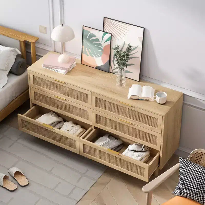 Comò con 6 cassetti in rattan da 150 cm colore naturale - Cassettiera da camera da letto con dispositivo antiribaltamento