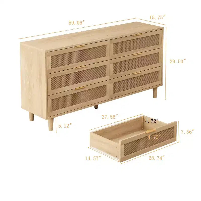 Comò con 6 cassetti in rattan da 150 cm colore naturale - Cassettiera da camera da letto con dispositivo antiribaltamento