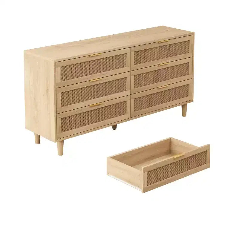 Comò con 6 cassetti in rattan da 150 cm colore naturale - Cassettiera da camera da letto con dispositivo antiribaltamento