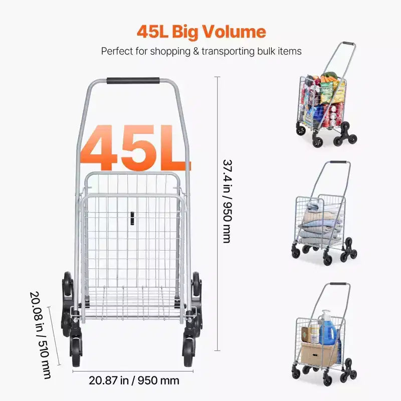 Carrello portaoggetti saliscale da 45 litri, ruote triple girevoli a 360°, carrello multiuso pieghevole leggero, argento