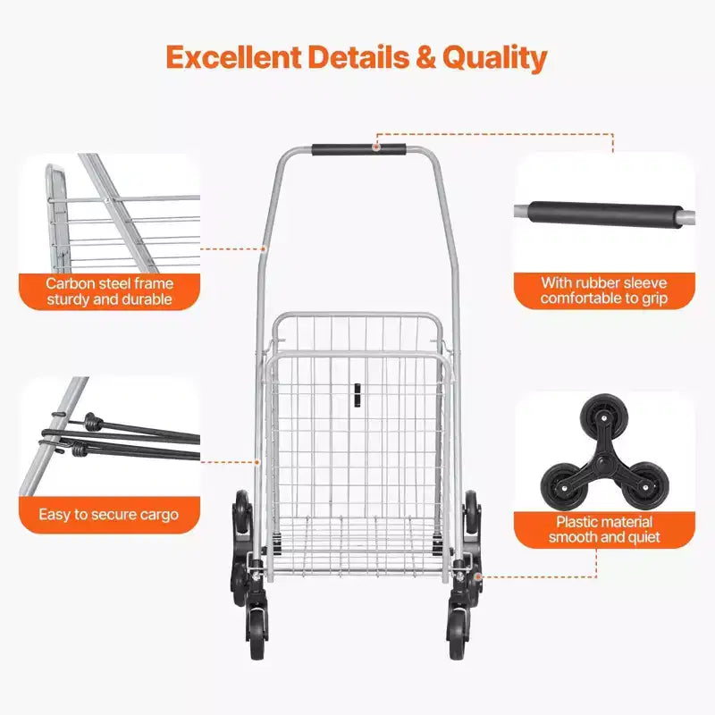Carrello portaoggetti saliscale da 45 litri, ruote triple girevoli a 360°, carrello multiuso pieghevole leggero, argento