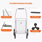 Carrello portaoggetti saliscale da 45 litri, ruote triple girevoli a 360°, carrello multiuso pieghevole leggero, argento