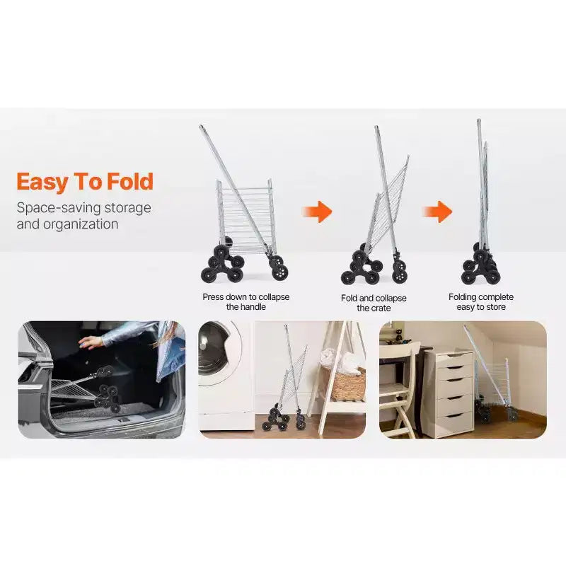 Carrello portaoggetti saliscale da 45 litri, ruote triple girevoli a 360°, carrello multiuso pieghevole leggero, argento