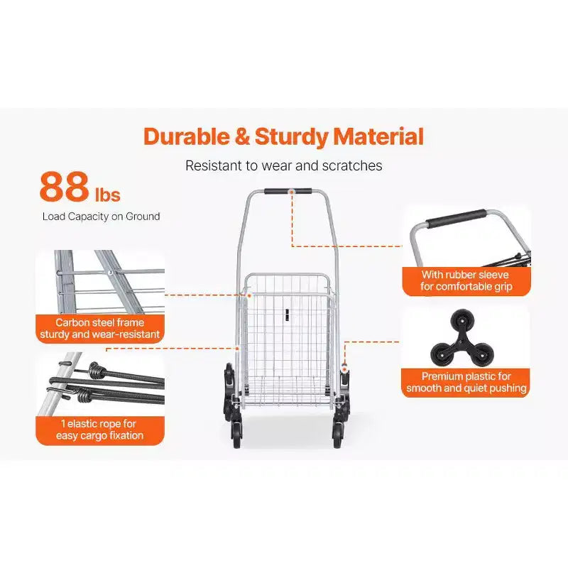 Carrello portaoggetti saliscale da 45 litri, ruote triple girevoli a 360°, carrello multiuso pieghevole leggero, argento