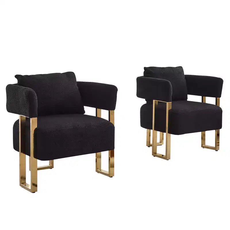 Accent Chair Set of 2, Teddy Fleece Upholstered, Gold Metal Legs (Black/Gray/Green/Pink/White)