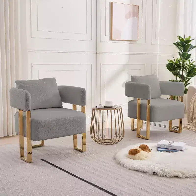 Accent Chair Set of 2, Teddy Fleece Upholstered, Gold Metal Legs (Black/Gray/Green/Pink/White)