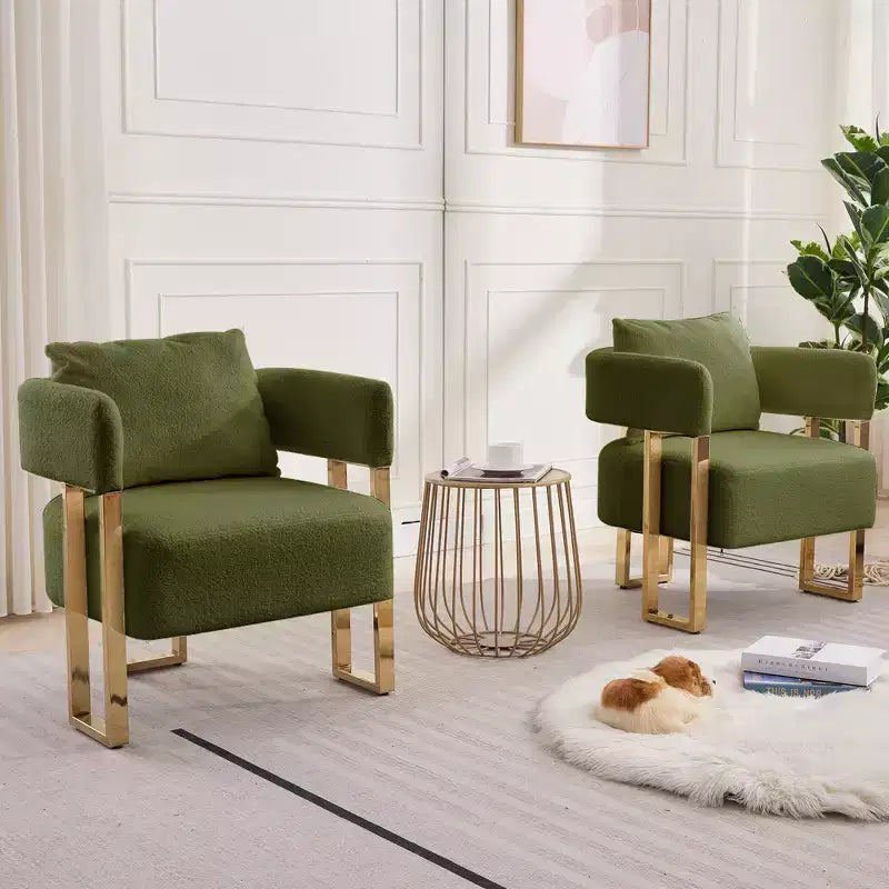 Accent Chair Set of 2, Teddy Fleece Upholstered, Gold Metal Legs (Black/Gray/Green/Pink/White)