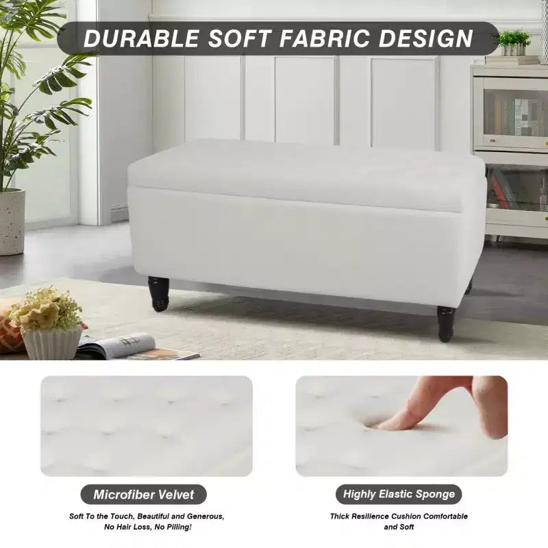 Panca Pouf Contenitore in Velluto Trapuntato da 47 Pollici - Capacità 272 kg, Coperchio con Chiusura Ammortizzata, Gambe in Legno Massello