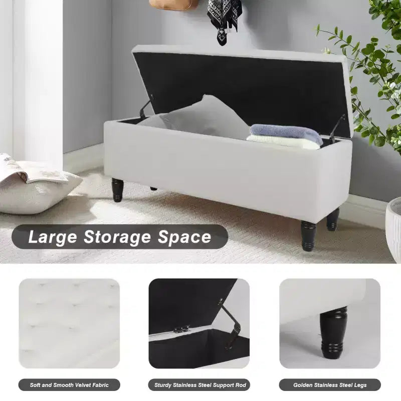 Panca Pouf Contenitore in Velluto Trapuntato da 47 Pollici - Capacità 272 kg, Coperchio con Chiusura Ammortizzata, Gambe in Legno Massello