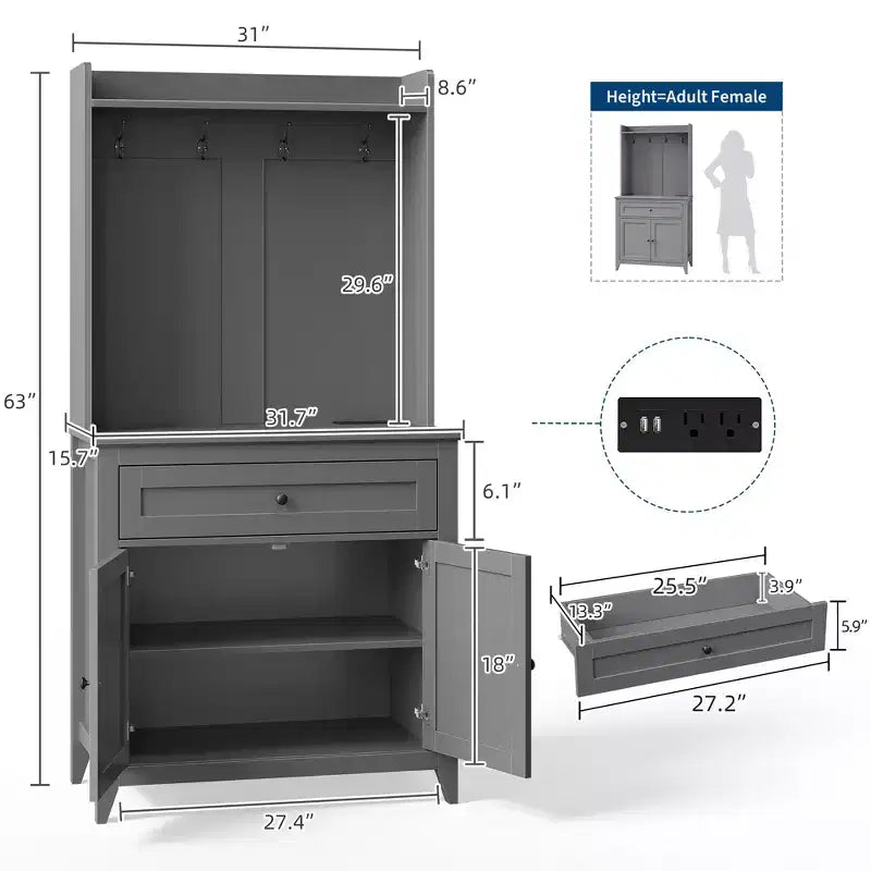 Dispensa da 63'', Nero/Grigio/Bianco, 2 ante con cassetto e ganci, per 1 persona