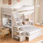 Letto a castello matrimoniale XL grigio/bianco con scrivania e scaffali, 2 posti letto
