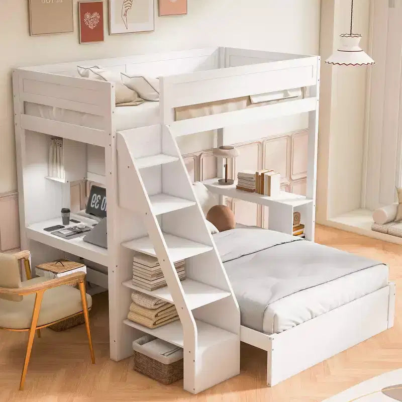 Letto a castello matrimoniale XL grigio/bianco con scrivania e scaffali, 2 posti letto