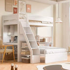 Letto a castello matrimoniale XL grigio/bianco con scrivania e scaffali, 2 posti letto