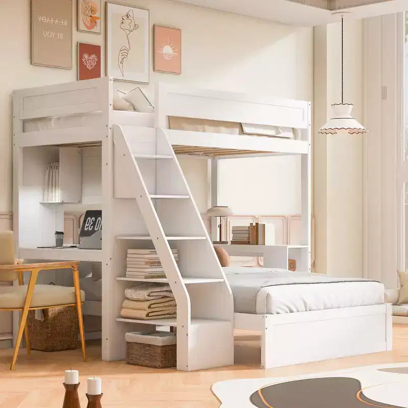 Letto a castello matrimoniale XL grigio/bianco con scrivania e scaffali, 2 posti letto
