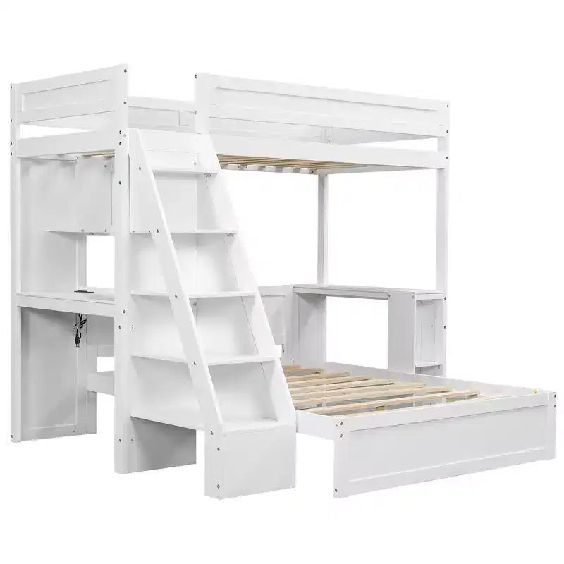 Letto a castello matrimoniale XL grigio/bianco con scrivania e scaffali, 2 posti letto