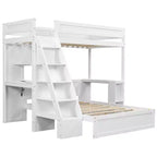 Letto a castello matrimoniale XL grigio/bianco con scrivania e scaffali, 2 posti letto