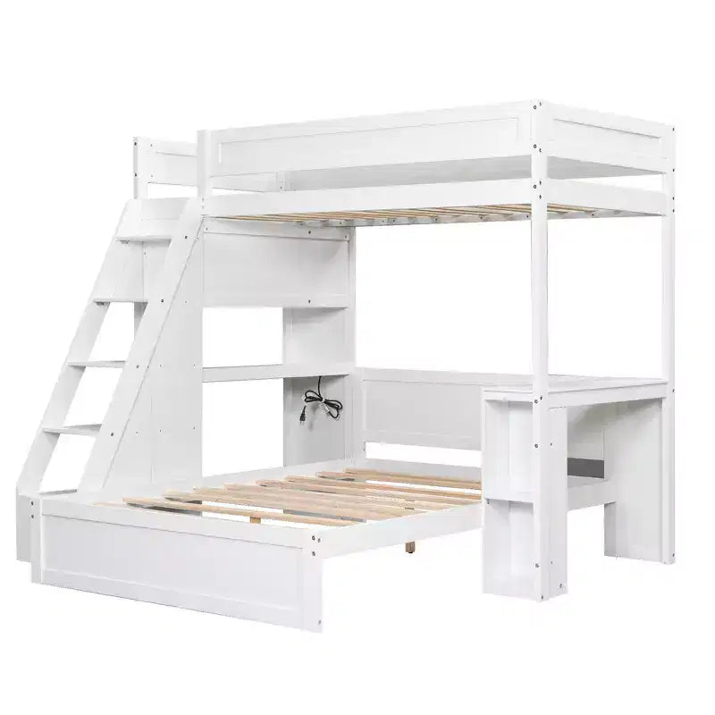 Letto a castello matrimoniale XL grigio/bianco con scrivania e scaffali, 2 posti letto