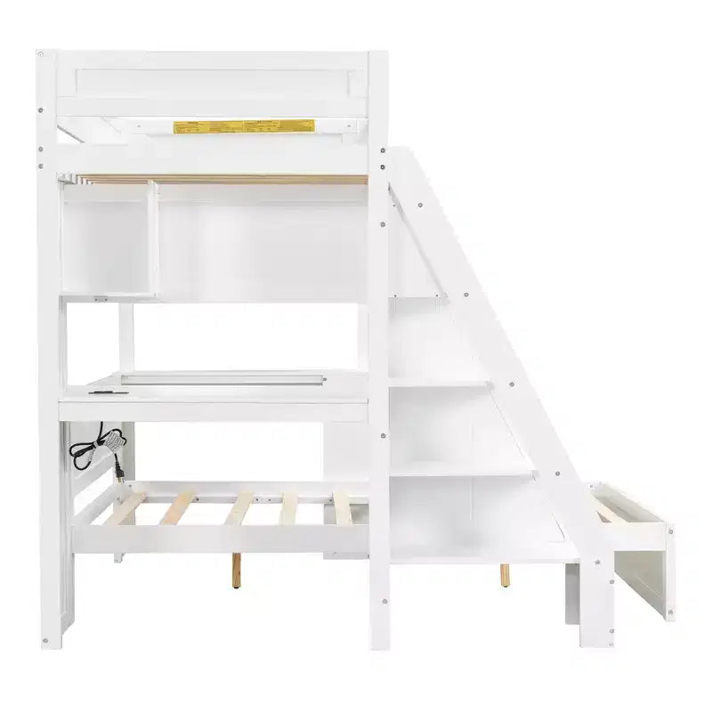 Letto a castello matrimoniale XL grigio/bianco con scrivania e scaffali, 2 posti letto