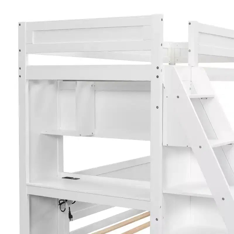 Letto a castello matrimoniale XL grigio/bianco con scrivania e scaffali, 2 posti letto