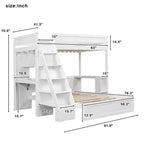 Letto a castello matrimoniale XL grigio/bianco con scrivania e scaffali, 2 posti letto