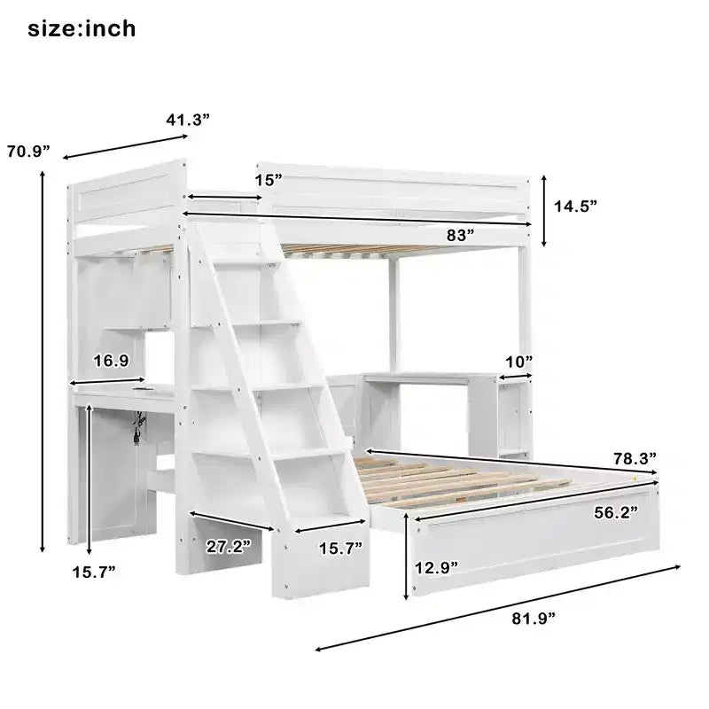 Letto a castello matrimoniale XL grigio/bianco con scrivania e scaffali, 2 posti letto