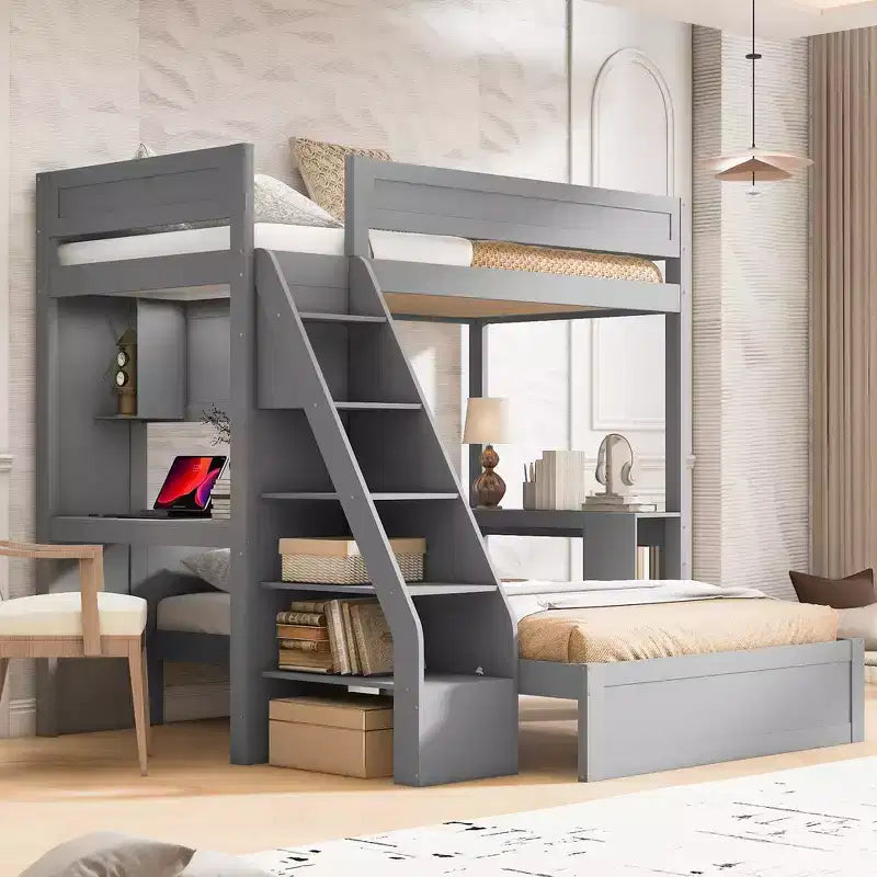 Letto a castello matrimoniale XL grigio/bianco con scrivania e scaffali, 2 posti letto