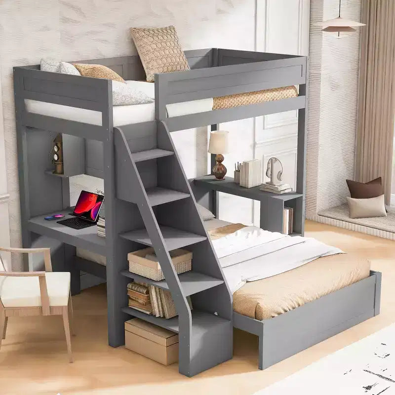 Letto a castello matrimoniale XL grigio/bianco con scrivania e scaffali, 2 posti letto