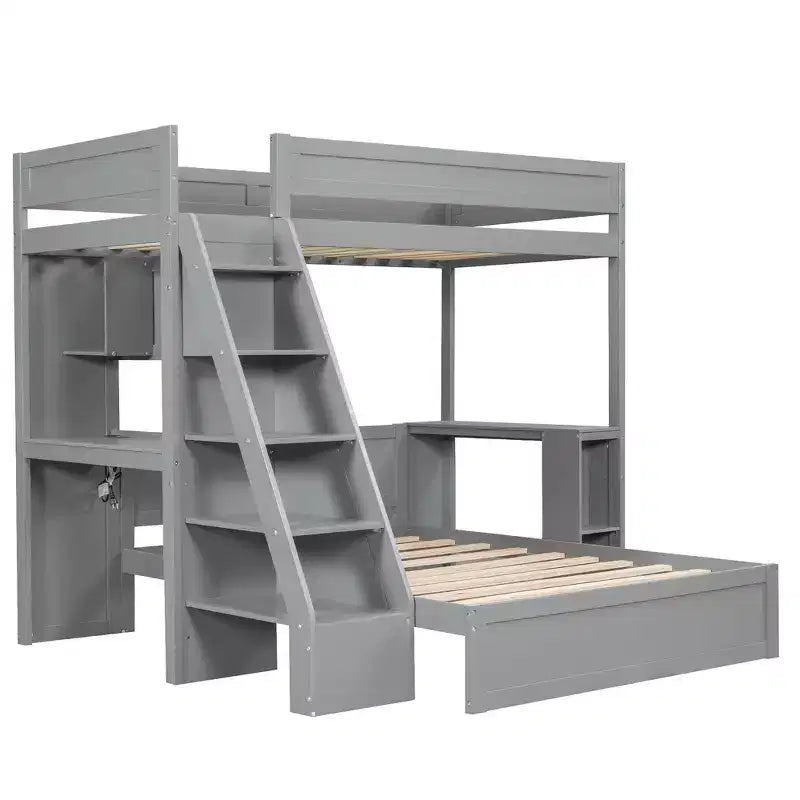 Letto a castello matrimoniale XL grigio/bianco con scrivania e scaffali, 2 posti letto