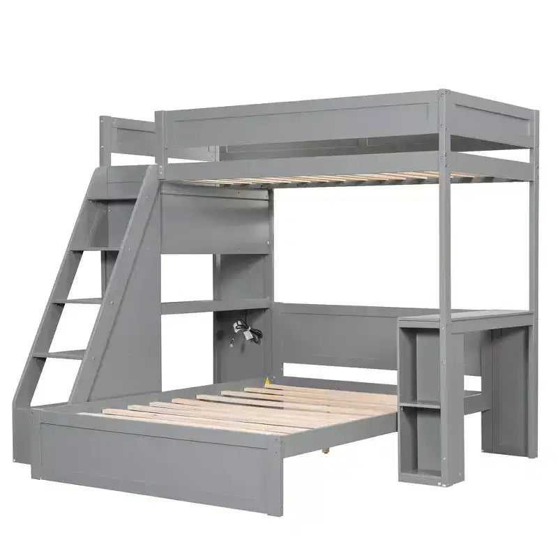 Letto a castello matrimoniale XL grigio/bianco con scrivania e scaffali, 2 posti letto