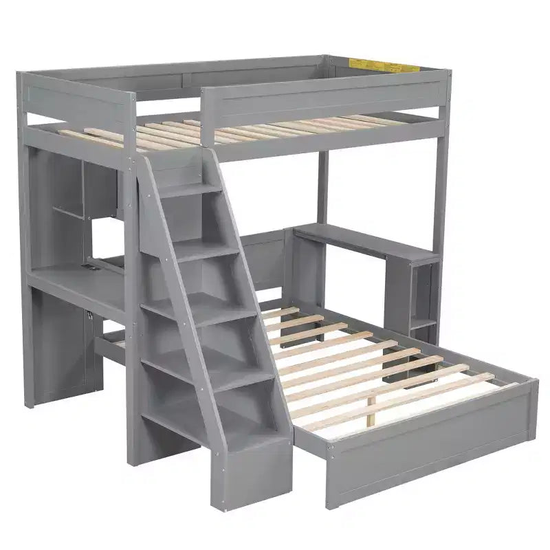 Letto a castello matrimoniale XL grigio/bianco con scrivania e scaffali, 2 posti letto