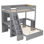 Letto a castello matrimoniale XL grigio/bianco con scrivania e scaffali, 2 posti letto