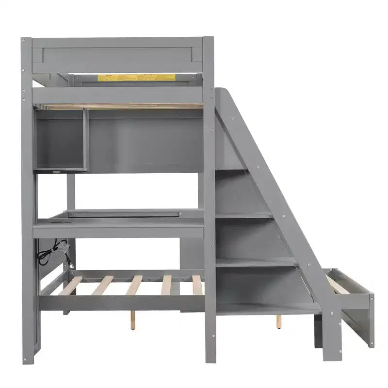 Letto a castello matrimoniale XL grigio/bianco con scrivania e scaffali, 2 posti letto